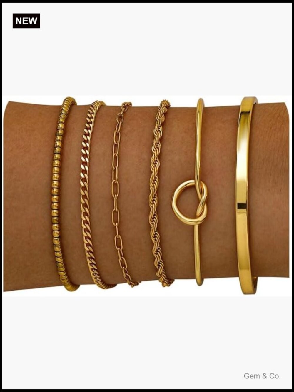 6 Piece Gold Link Chain Bracelet Set, Adjustable 6.5 Inches